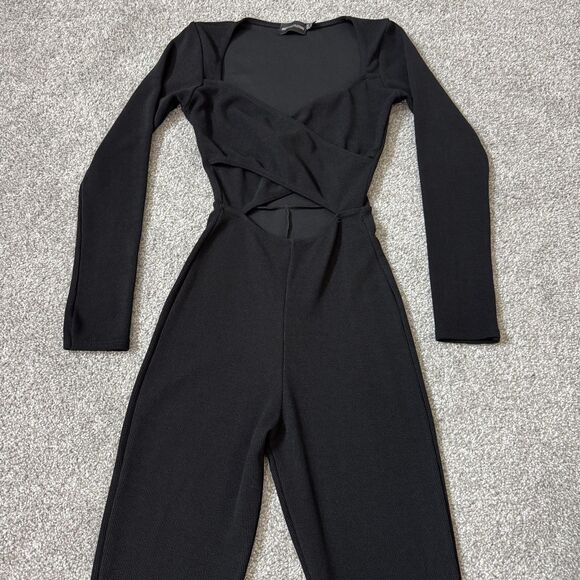 PrettyLittleThing Jumpsuit Womens US 4 Black Long Sleeve Cutout Ribbed Stretch - Picture 3 of 11